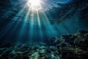 Seabed and bright direct sunlight underwater, generative AI.