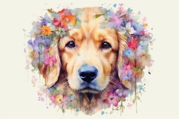 beauty of flowers with the charm of dogs a watercolor featuring dogs surrounded by a wreath of colorful blooms. intricate details and delicate washes to create a soft and dreamy effect