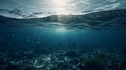 Fototapeta na wymiar Underwater view with a sunlights. Generative Ai