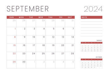 Monthly Calendar Template of september 2024. Vector layout of a wall or desk simple calendar with week start sunday