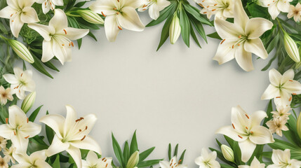 Beautiful white lily flowers on blank background. Colorful flowers for Mother's day, Women's Day, Birthday card, Easter. Generative Ai