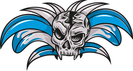 hand drawn skull head with surfboard. vector illustration