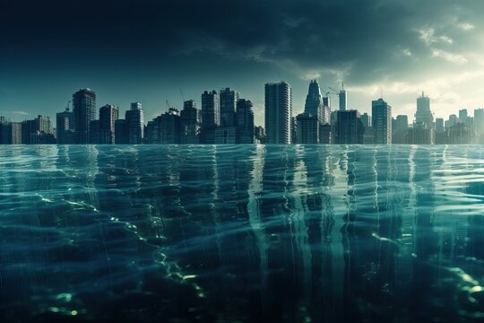 A large metropolis, half of which is under water, the city is flooded, generative AI.