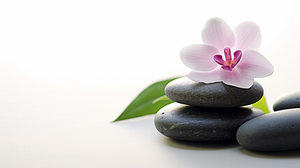 Naklejka na ściany i meble Spa stone with white flowers background. Stack of stones in calm water with lotus flower. Generative Ai