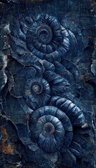 Fossilized ammonite sea shell spirals embedded into dark cobalt blue slate rock. Prehistoric layered and ridged stone texture with detailed surface patterns - generative ai