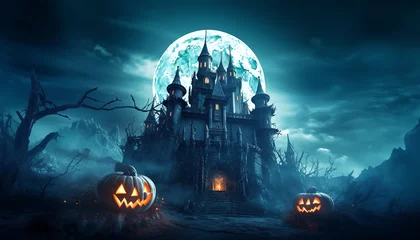 Foto op Plexiglas halloween background. scary haunted castle poster. generative ai © neng kokom komala