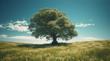 Fototapeta premium Lonely green tree in the field. Generative Ai
