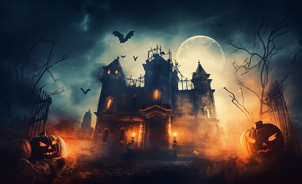 halloween background. scary haunted castle poster. generative ai