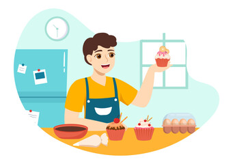 Confectioner Vector Illustration with Chef Wearing Apron Preparing Dessert, Sweet Products and Pastry in Flat Cartoon Hand Drawn Templates