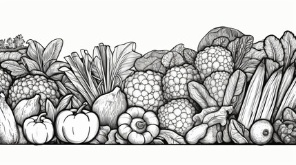 Illustration for a black and white drawing of vegetables and fruits, Sketch Style