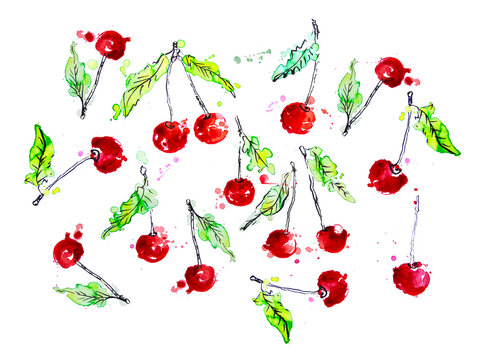 Bright red cherries on white background with paint splashes, watercolor. Hand-drawn sweet juicy berries with leaves. Sour cherries. Ripe summer fruit. Colorful botanical texture, pattern for design.