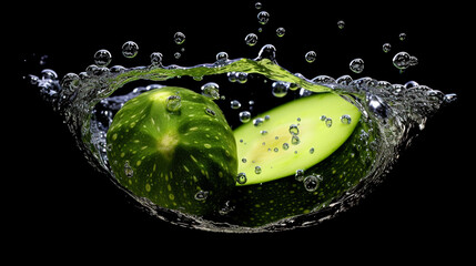 Fototapeta na wymiar A vibrant cucumber slice floats gracefully in a crystal-clear pool of refreshing water, offering a visually soothing image of natural rejuvenation.
