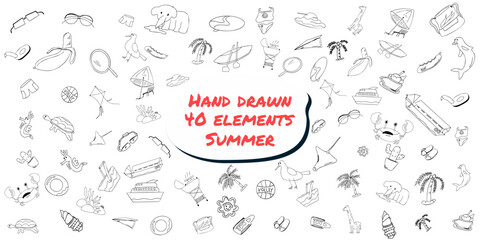 Bundle of elements with the topic Summer. Simple hand drawn. Vector set. Drawing pen ink illustration