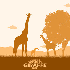Giraffe animals that are in nature with grass. trees and bold text to commemorate World Giraffe Day on June 21