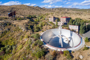 Aerial view of Radio Optical Observatory (ROT-54) on sunny autumn day. Orgov, Aragatsotn Province, Armenia.