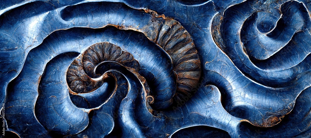 Wall mural Fossilized ammonite sea shell spirals embedded into dark cobalt blue slate rock. Prehistoric layered and ridged stone texture with detailed surface patterns - generative ai