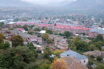 View of Spitak town on rainy autumn day. Lori Province, Armenia.