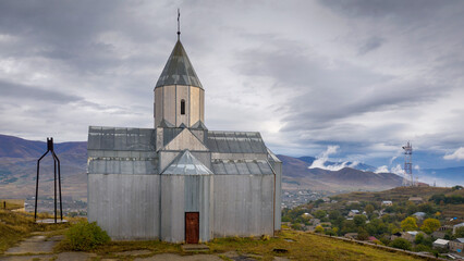 Drone view of Metal Church on rainy autumn day. Spitak, Lori Province, Armenia.