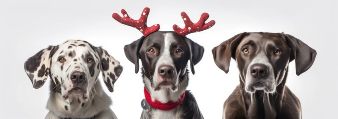 Three dogs wearing Christmas hats and reindeer on white background. Generative ai