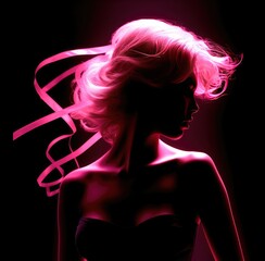 Silhouette of an anonymous and resilient woman, a cancer survivor, with the cancer symbol of a pink ribbon. Generative AI