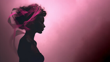 Silhouette of an anonymous and resilient woman, a cancer survivor, with the cancer symbol of a pink ribbon. Generative AI