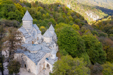 Aerial view of Haghartsin Monastery on autumn evening. Tavush Province, Armenia.