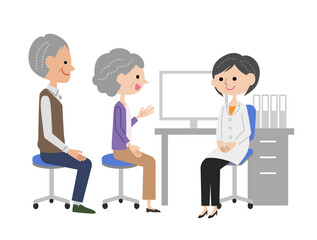 診察室で女医に説明するシニア夫婦