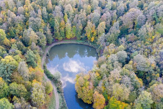 Birds eye view of Parz Lich lake on autumn evening. Dilijan National Park, Tavush Province, Armenia.