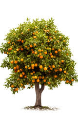 An orange tree full of ripe fruit isolated on transparent background. Generative AI.