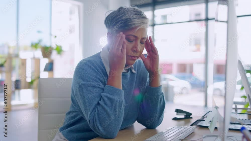 Poster Office, headache and senior business woman with stress and anxiety from computer fail. Burnout, company employee and worker with pain and debt from bankruptcy and online research for financial crash