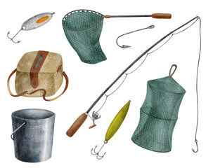 Watercolor fishing tackle set. Hand drawn fishing rod, net, metal bucket, wicker creel, hook, bait, lure isolated on white background. Angling sport hobby equipment. Summer catching fish illustration © Olya Haifisch