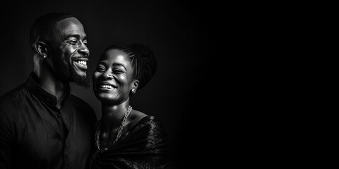 Fototapeta na wymiar Black and white photorealistic studio portrait of a happy loving couple on black background. Generative AI illustration
