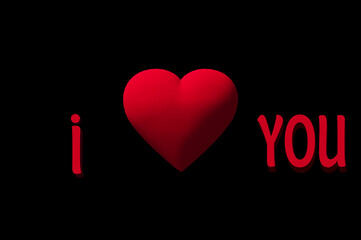 A 3D red heart with the text I love you on black background