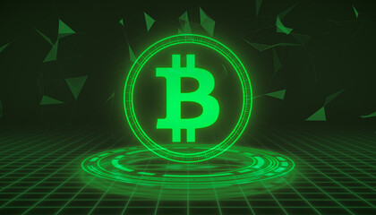 Illustation of bitcoin logo in green with HUD on dark background - digital currency - cryptocurrency