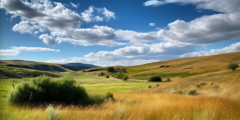Fototapeta premium Tranquil countryside with rolling hills and clear blue sky. AI generated.