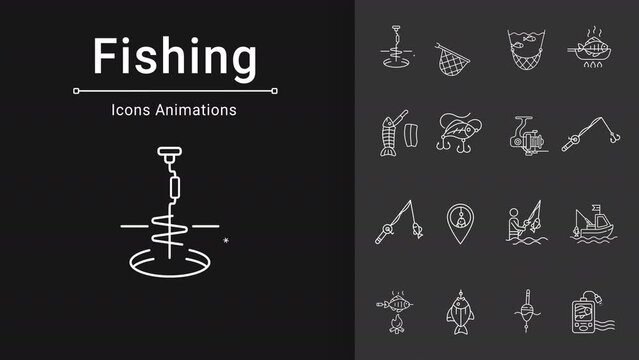 Fishing white icons animation. Animated line catching fish. Aquatic animal. Fresh water. Deep sea. Loop HD video with chroma key, alpha channel, transparent background. Outline motion graphic