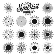 Vintage sunburst, sunset beams collection. Hand drawn bursting sun, light rays. Logotype or lettering design element in retro style. Vector illustration