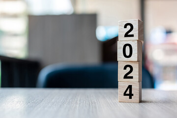 block 2024 text on table. Resolution, strategy, plan, goal, motivation, reboot, business and New...