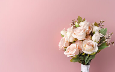 Beautiful wedding bouquet on color background with empty space. Ai generative