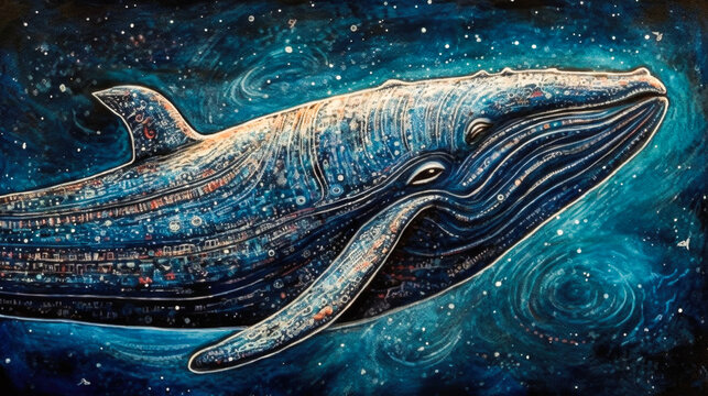 Happy Surreal Magical Blue Whale In Space Generative AI