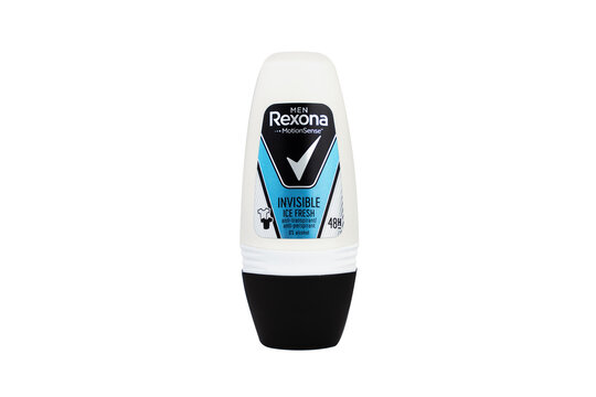 Kyiv, Ukraine - 09 May 2023. Rexona men roll-on deodorant isolated on white background. Close-up.