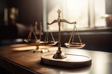 Decorative scales of justice on the table. Generative AI