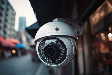 Surveillance camera in the city. Security control. Generative AI