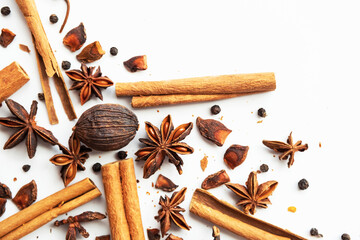 Dried star anise, cinnamon sticks and whole cardamon. Natural herbal spices seasoning collection.
