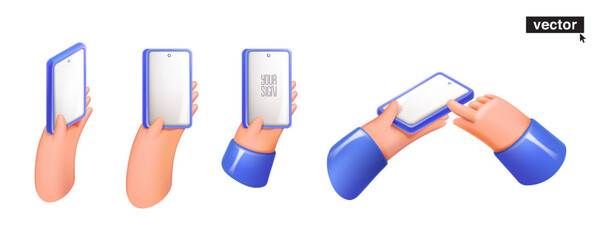 Hands holding smartphone with white screen. Mobile phone and tablet mockup. Realistic 3D design in cartoon plastic style.