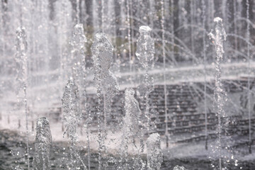 Light and music fountain on a spring morning. Natural Museum-reserve "Tsaritsyno". Fountain in Tsaritsyno Park.