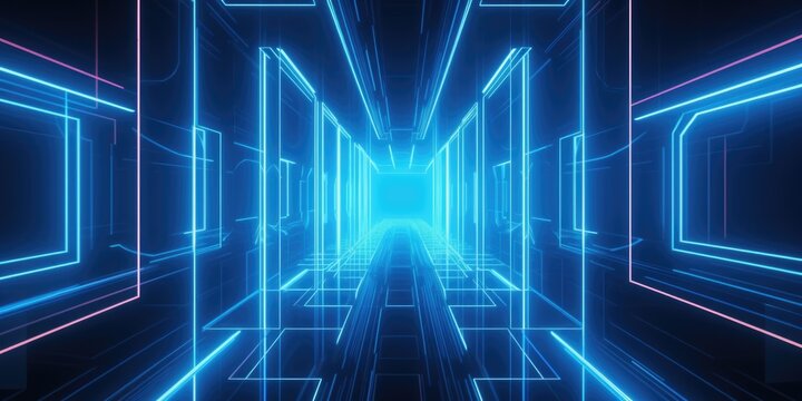 Blue neon lights in rectangular shapes flowing into one direction. Generative AI AIG21.