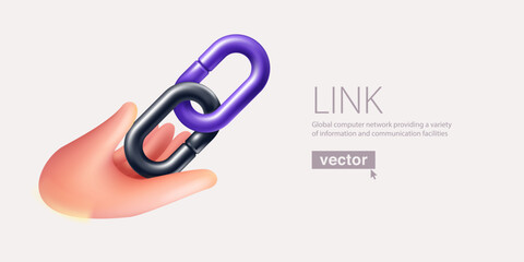 Hand holding chain links in 3D cartoon plastic style. Realistic vector hyperlink icon render. Teamwork emblem.