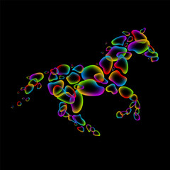 Horse icon of rainbow bubbles on black background
