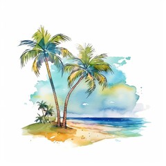 Holiday summer travel vacation illustration  - Watercolor painting of palms, palm tree on teh beach with ocean sea, design for logo or t shirt, isolated on white background (Generative Ai) - obrazy, fototapety, plakaty